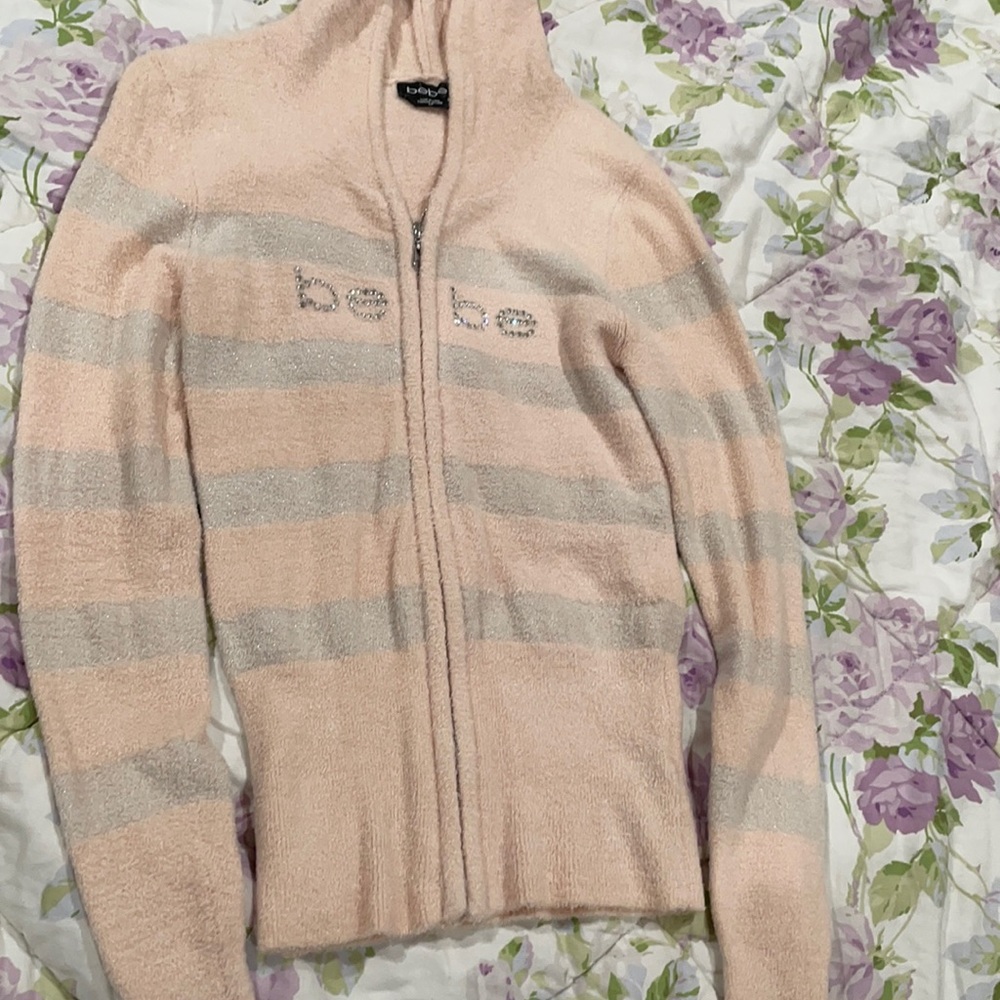 Bebe peach color hooded jacket rhinestone logo
